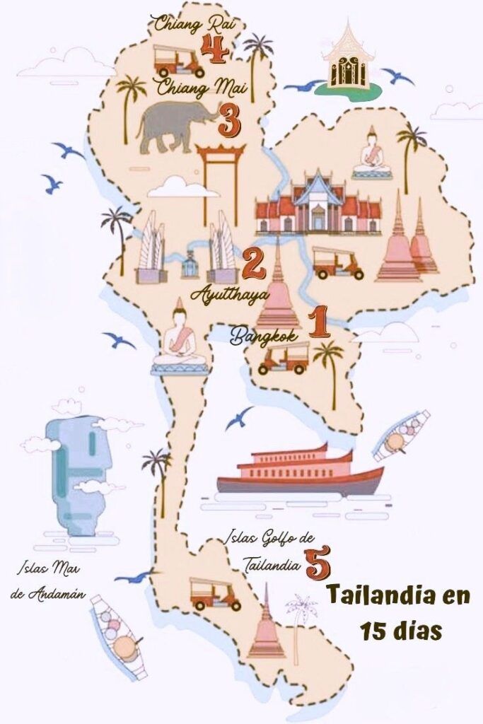 Mapa de lugares que ver en Tailandia en 15 dias