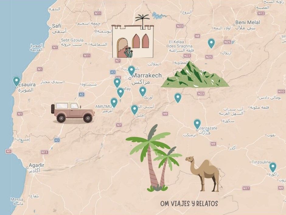 Mapa de las cosas que ver cerca de Marrakech y mejores excursiones