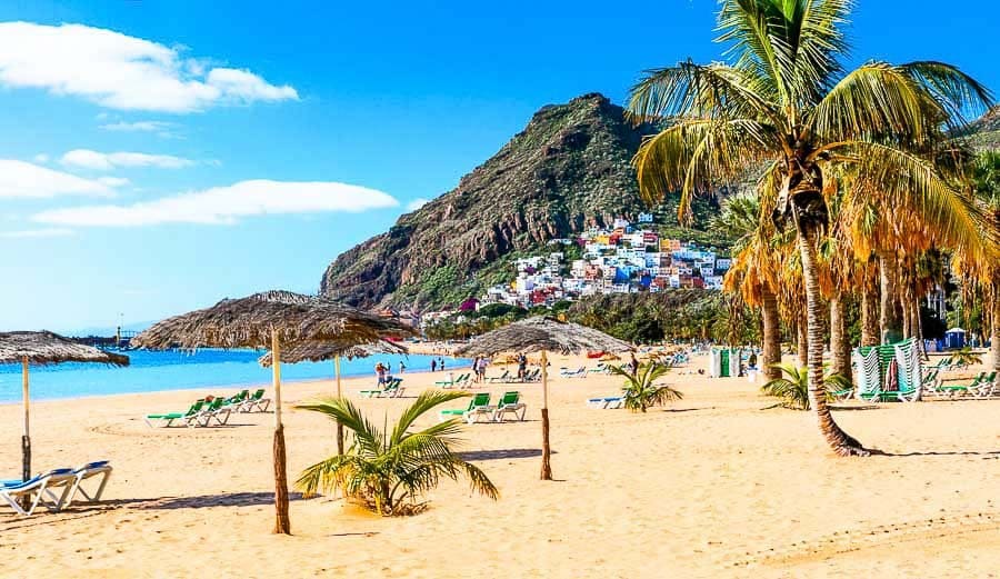 Playa de Las Teresitas en Tenerife con palmeras, arena dorada y casas al fondo, una zona muy recomendable donde alojarse en Tenerife.