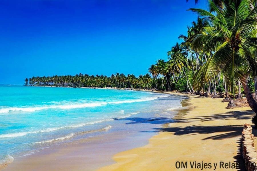 Playa larga de arena dorada con palmeras y mar turquesa, una de las playas de Samana más espectaculares.