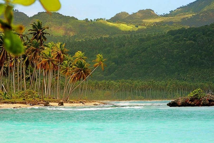 Vista panorámica de Playa Rincón con mar turquesa, palmeras y montañas al fondo, una de las playas de Samana más impresionantes.