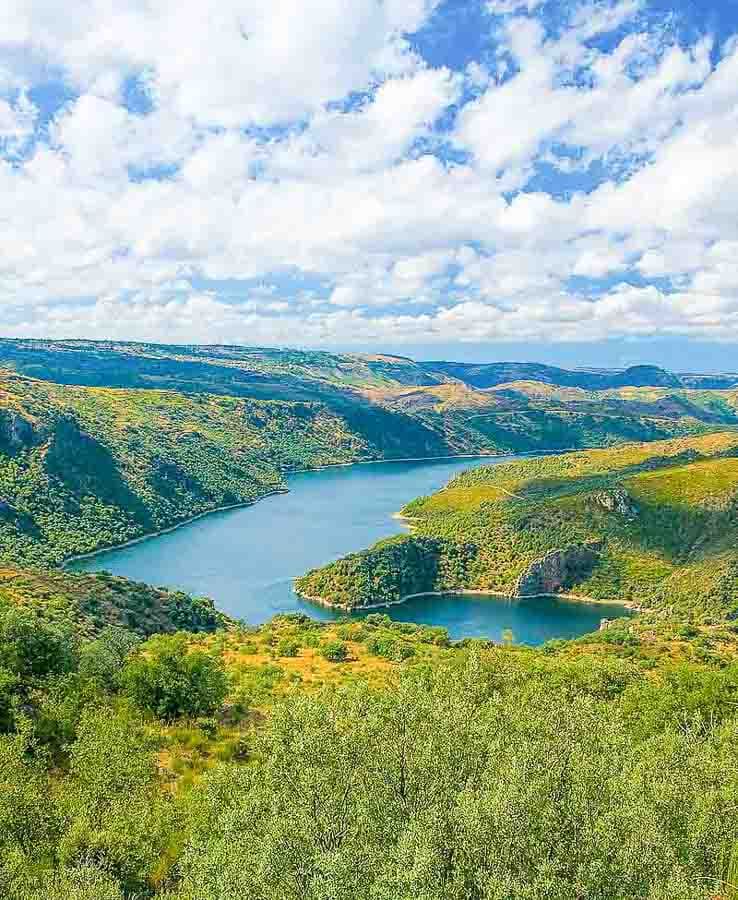 Vista panorámica de los Arribes del Duero entre montañas y vegetación, una ruta imprescindible de rutas en Castilla y Leon.