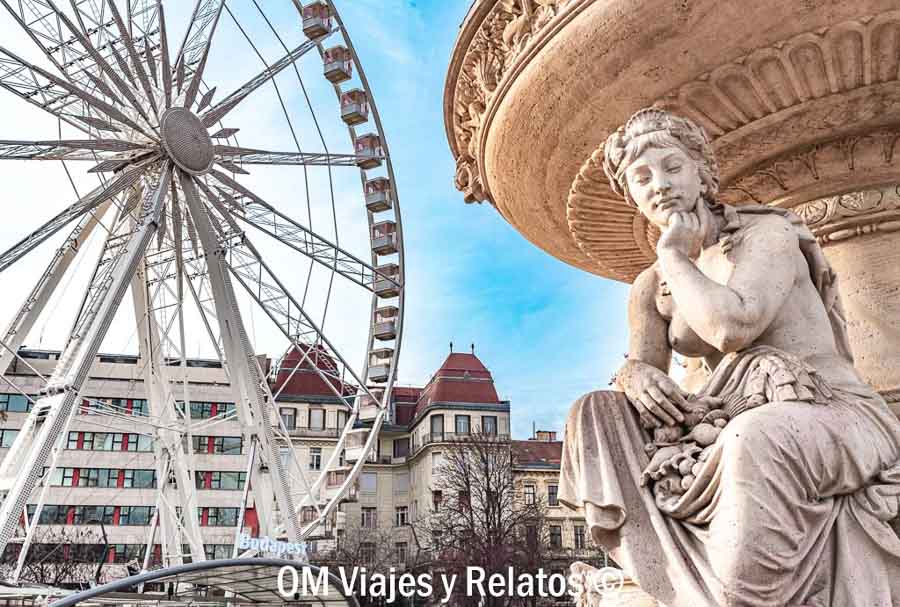 Noria de Budapest junto a una fuente monumental, una parada con encanto sobre que ver en Budapest en 3 dias.
