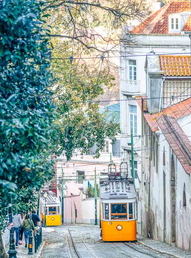 Tranvías amarillos recorriendo una calle empedrada de Alfama, un barrio con encanto y muy auténtico para decidir donde alojarse en Lisboa.