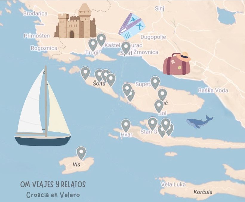 Mapa de los puntos de interés en nuestro viaje en velero por Croacia