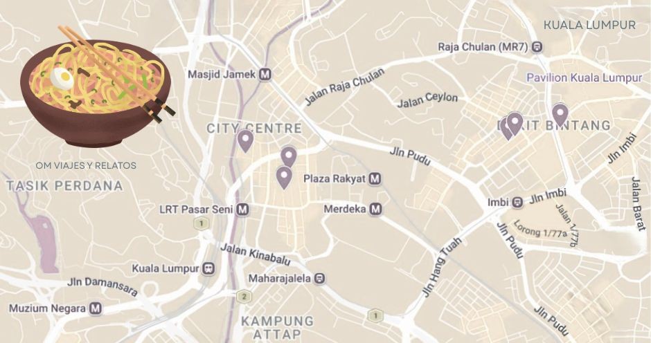 Mapa de los sitios recomendados donde comer en Kuala Lumpur