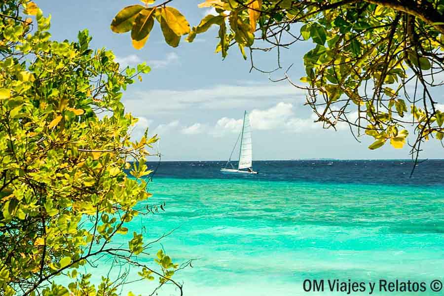 Velero navegando frente a una playa de aguas turquesas en Maldivas, una imagen inspiradora para decidir que hotel elegir en maldivas.