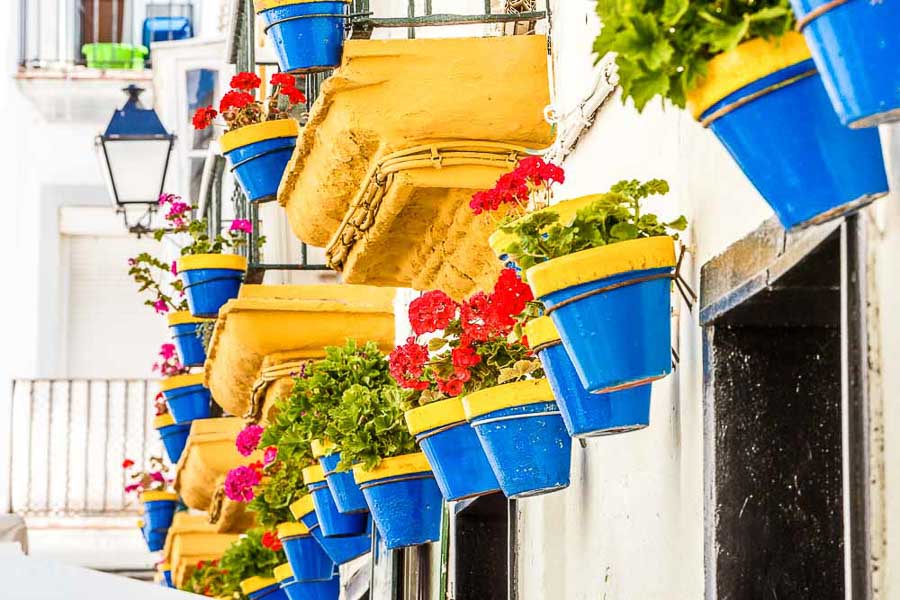 Balcones decorados con macetas de colores en el casco histórico, uno de los rincones con más encanto que ver en Cádiz en un día.