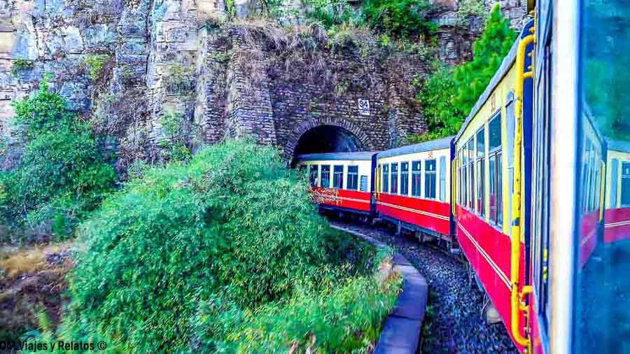 Tren de montaña entrando en un túnel rodeado de vegetación, una experiencia escénica para viajar en tren en la India.