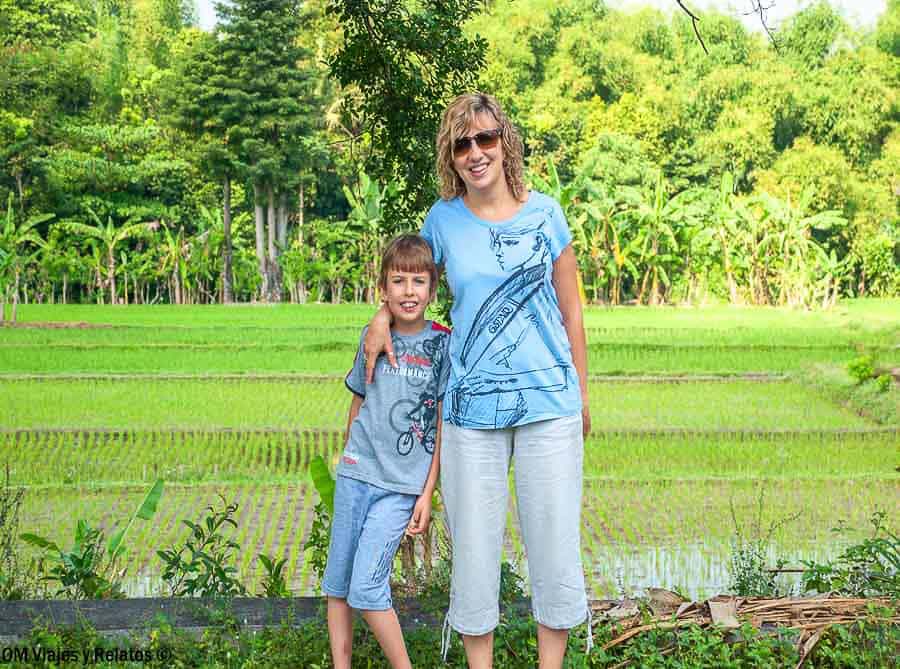 Olga y nuestro hijo junto a unos arrozales durante nuestro viaje por Indonesia en 15 días.