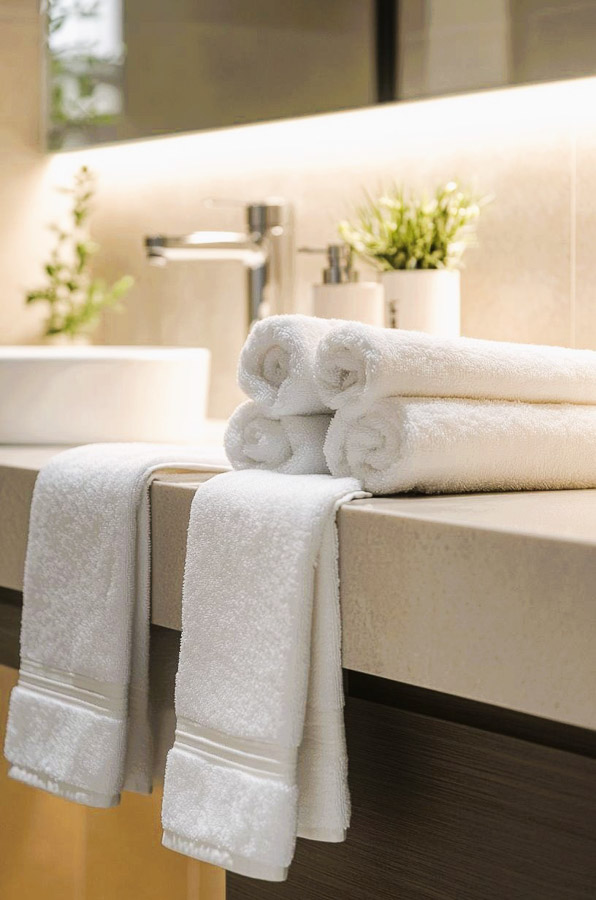 Toallas limpias en el baño de una habitación de hotel por horas