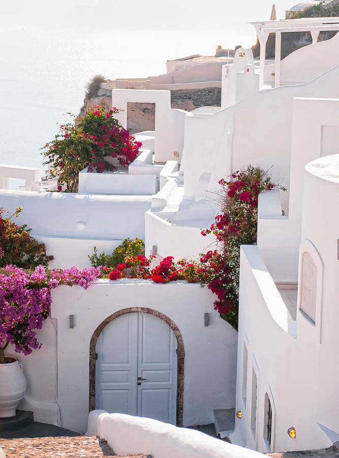 Casas blancas con buganvillas en Santorini, una de las imágenes más características de la isla