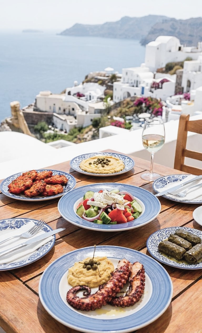 Comida griega con vistas a la caldera de Santorini, con ensalada, pulpo y platos tradicionales