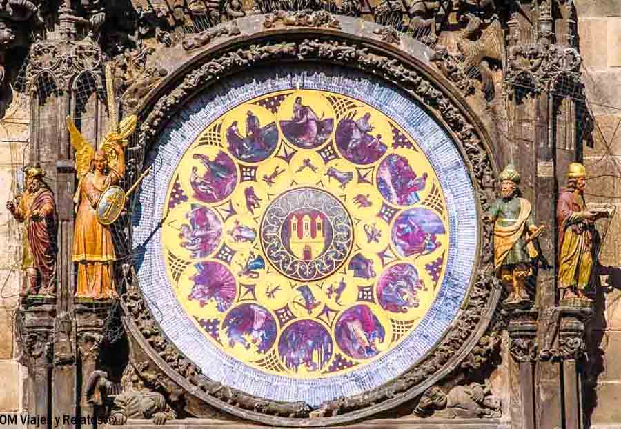 Detalle del Reloj Astronómico de Praga con sus figuras y calendario zodiacal