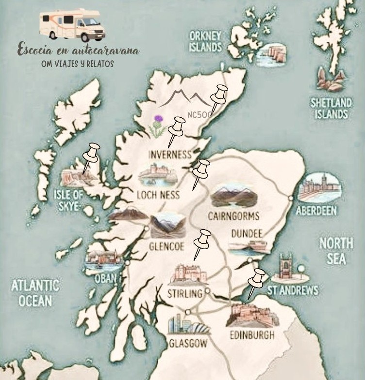 Mapa de cómo visitar Escocia en autocaravana y sus lugares de interés