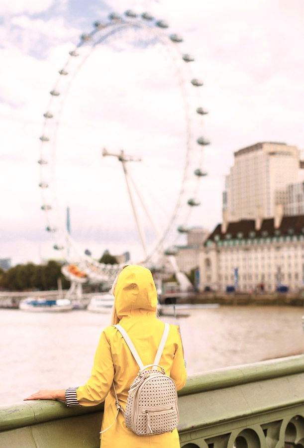 Persona con chubasquero amarillo frente al London Eye durante una ruta por Londres