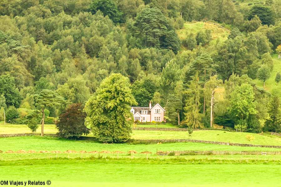 Casa rural rodeada de prados y bosques verdes durante una ruta por Escocia