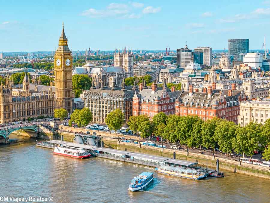 Vista panorámica del Big Ben, Westminster y el río Támesis en Londres