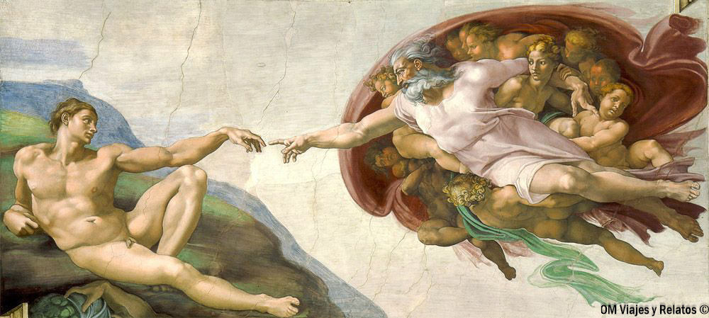 Fresco de La Creación de Adán de Miguel Ángel en la Capilla Sixtina del Vaticano, con Dios y Adán extendiendo sus manos