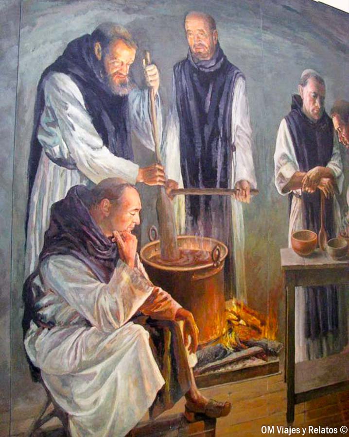 Pintura de monjes cistercienses preparando chocolate caliente en el Monasterio de Piedra, Zaragoza