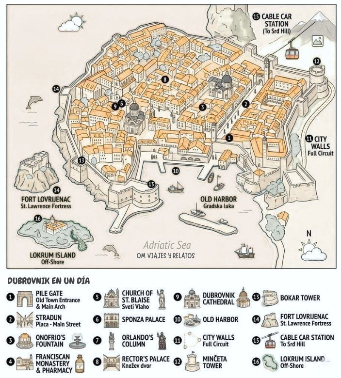 mapa de las cosas que ver en Dubrovnik en un día