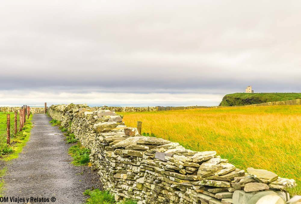 Camino rural junto a un muro de piedra y praderas verdes en los Acantilados de Moher, con una torre al fondo
